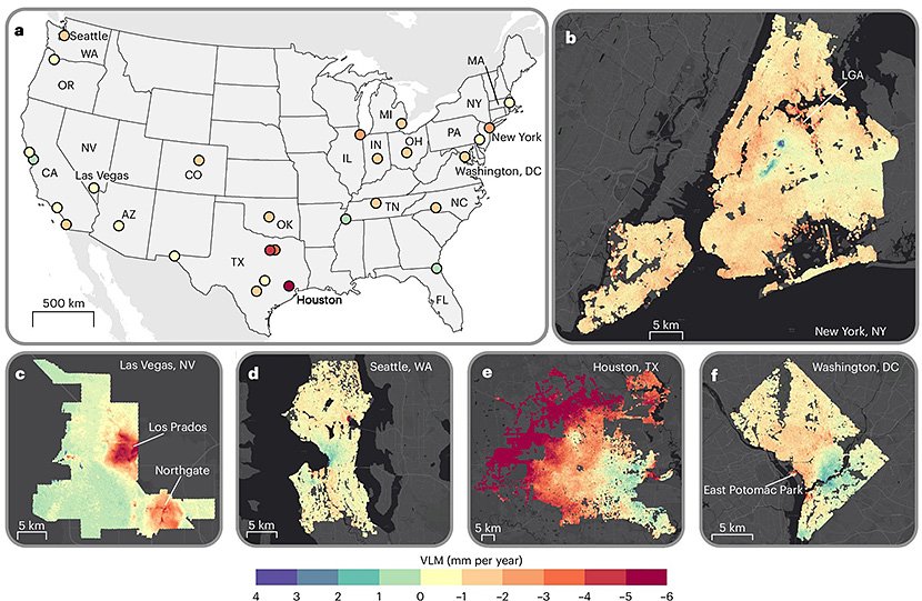 ( a )米国 28 都市の 地盤の垂直変動（VLM） の平均（mm per year） ( b )はニューヨーク、( c )はラスベガス 、( d )はシアトル 、( e )はヒューストン、( f )はワシントン D.C.(出典：Nature Cities)　イメージ