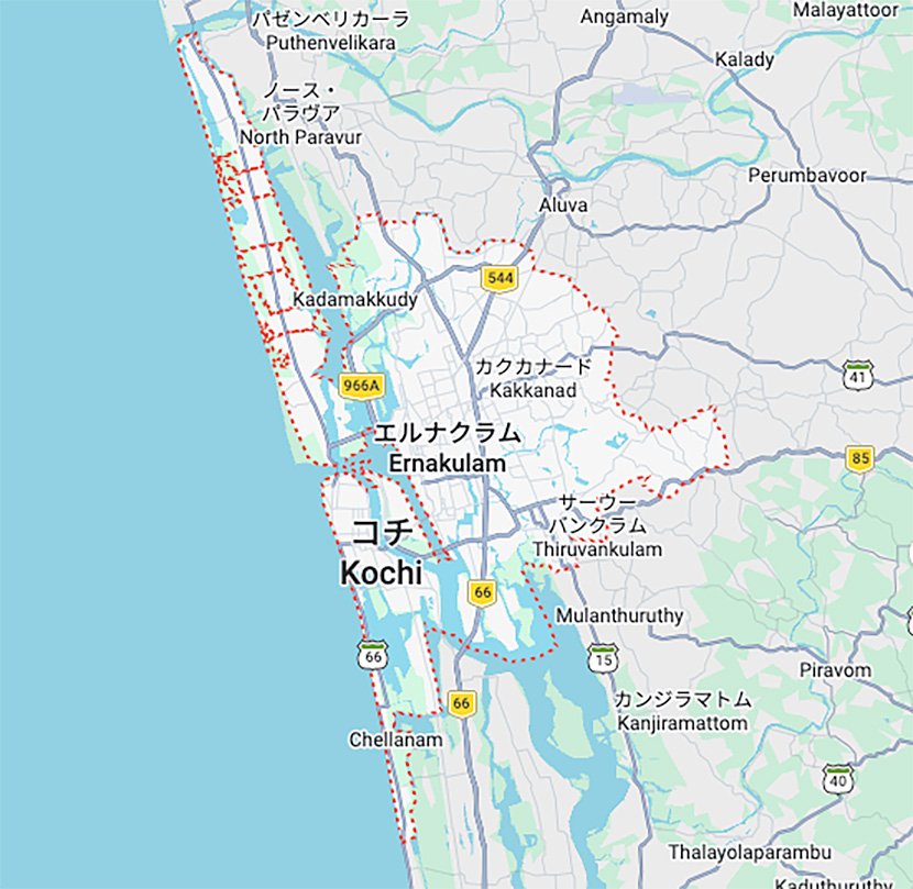 （図2）コーチン市はインド南西部にある港湾都市で、2025年の人口は全国で12番目に多い約510万人（ワールドメーターによる統計）と見られている（地図出典：Googleマップ）　イメージ