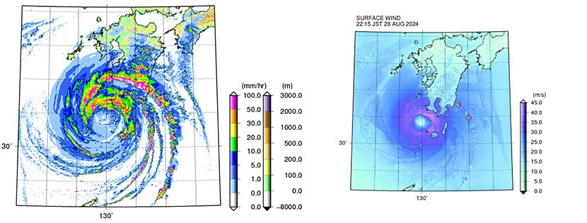 (図2)スーパーコンピューター「富岳」による2024年台風10号の台風全域のシミュレーション結果(出典:富士通のプレスリリースより引用) イメージ