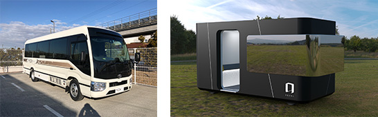 （写真1）「愛知県自動運転社会実証モデル構築事業」の「車室空間体験実証」で使用された「MOOX on FCバス」（左）と「SQUAL」（右）のイメージ（資料提供：NTTドコモ）　イメージ