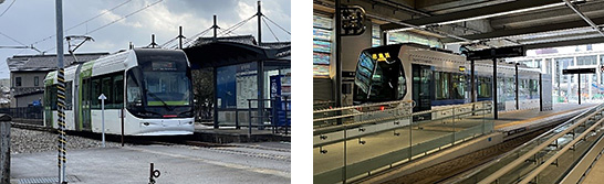 （写真1）富山市のLRTは、富山駅から富山港まで運行される「ポートラム」（左）や、中心市街地を周回する環状線で運行される「セントラム」の他にも、「サントラム」（右）や「アイトラム」などさまざまな形式の車両が市民の移動を支える　イメージ