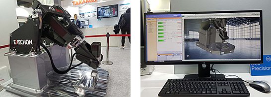 左のロボットの動きが右の画面にあるバーチャルモデルにリアルタイムに再現されるデジタルツイン（出典：JIMTOF 2016でのシーメンスの展示）　イメージ