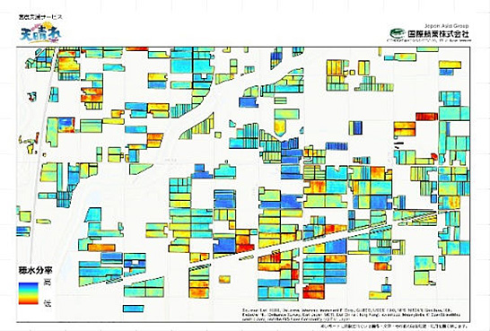 「天晴れ」の小麦穂水分率マップ（出典：国際航業）　イメージ
