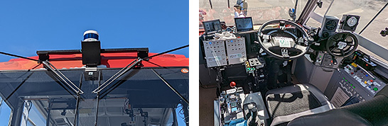 （図2）「八ッ場にゃがてん号」の車体にはさまざまなセンサーが取り付けられ（写真左）、コックピットには陸上走行用のハンドルと水上運航用の舵輪が並ぶ（写真右）（現地にて撮影）　イメージ
