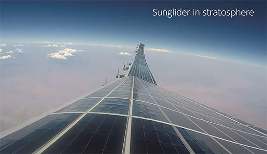 成層圏をテスト飛行するHAPSモバイル（ソフトバンク子会社）の無人航空機Sunglider（HAPSモバイルのYouTubeチャンネルより引用）　イメージ