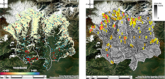 （図2）地盤災害の前兆を発見する解析結果のイメージ。左が局所領域における不安定な変動点の分布で、右が地盤変動が顕著な領域（ホットスポット）の分布及び変動速度によるリスクレベル表示（出典：Synspectiveのプレスリリース）　イメージ