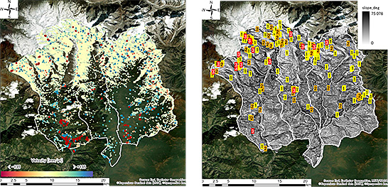 （図2）地盤災害の前兆を発見する解析結果のイメージ。左が局所領域における不安定な変動点の分布で、右が地盤変動が顕著な領域（ホットスポット）の分布及び変動速度によるリスクレベル表示（出典：Synspectiveのプレスリリース） イメージ