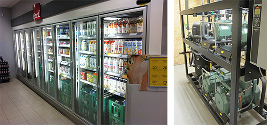 （図3）デンマークのスーパーマーケットで実証実験が進む「デジタルツイン冷蔵庫」のディスプレイキャビネット（左）とコンプレッサーラック（右）（出典：The Energy Technology Development and Demonstration Pro–grammeのホームページより）　イメージ