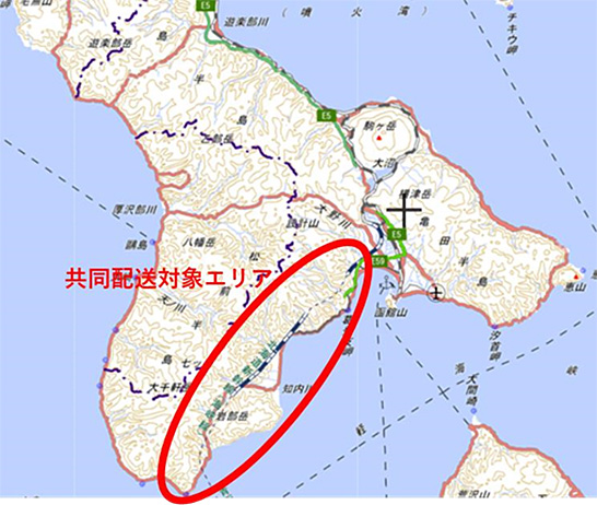 （図5）「遠隔地店舗（買い物困難地域）の配送の共同化」では、函館から南西エリアの7店舗（セブン-イレブン2店舗、ローソン5店舗）で共同配送を実施（出典：経済産業省の発表資料） イメージ