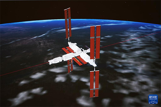 （図2）宇宙貨物船「天舟６号」と宇宙ステーション「天宮」のドッキングのイメージ画像（出展：新華社通信のニュースページより引用） イメージ