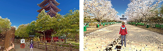 「デジタル上野の杜」に再現された上野動物園東園の五重塔（左）と桜並木（右）　イメージ