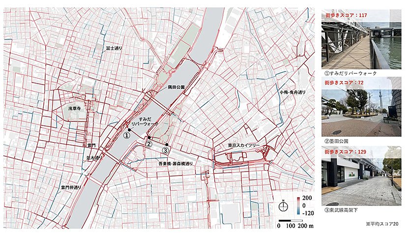 （図2）スコアが高い道を赤、低い道を青で表現した浅草・スカイツリー周辺の「街歩きインデックス」（出典：ジオテクノロジーズのプレスリリースより引用）　イメージ