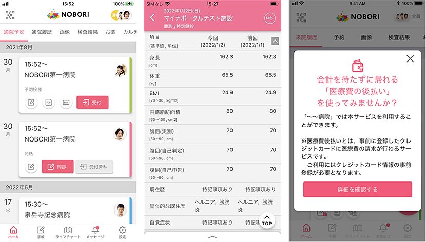 (図2)「NOBORI」の画面イメージ(通院確認、検診情報参照、後払いシステム)(出典:神戸市 プレスリリース) イメージ