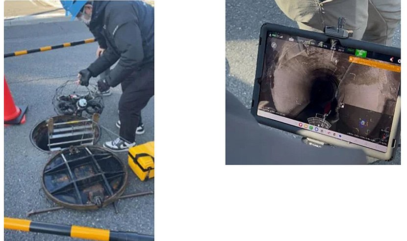 行田市内でのドローンを活用した下水道管路内点検の様子（出典：NTT東日本）　イメージ
